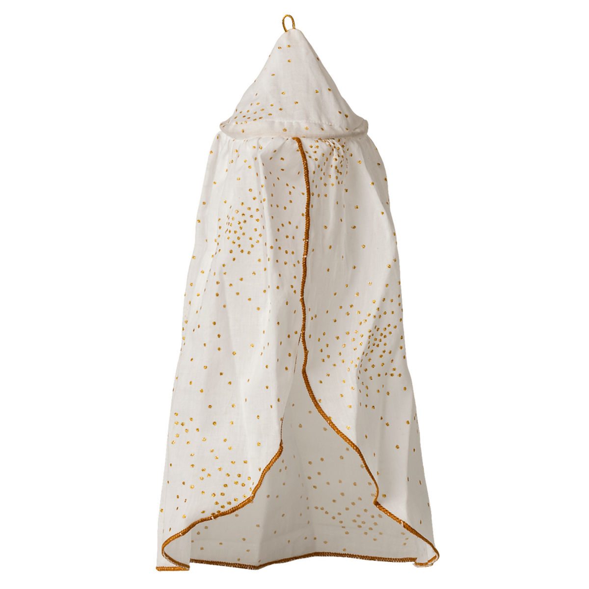 A white fabric canopy with gold polka dots hangs against a white background. It has a conical top, and gold trim outlining its edges.