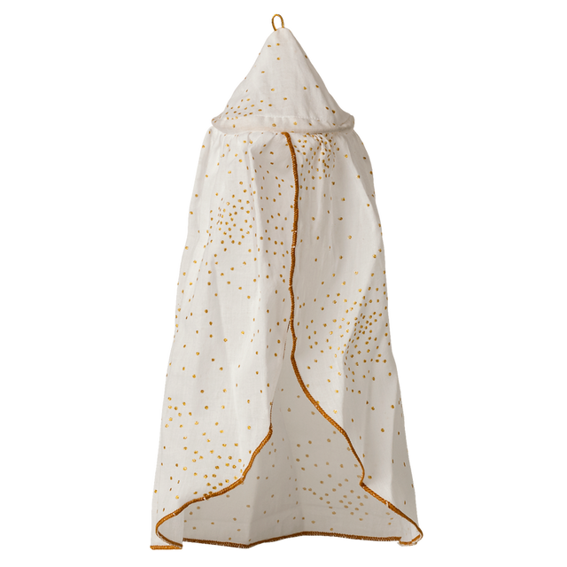 A white fabric canopy with gold polka dots hangs against a white background. It has a conical top, and gold trim outlining its edges.