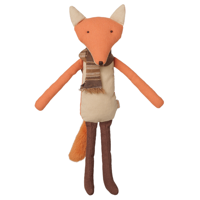 Maileg Big Brother Fox plush stuffed animal toy wearing a striped brown scarf.