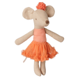 Maileg big sister ballerina mouse doll in a dusty coral tulle tutu and matching hair pom-pom.