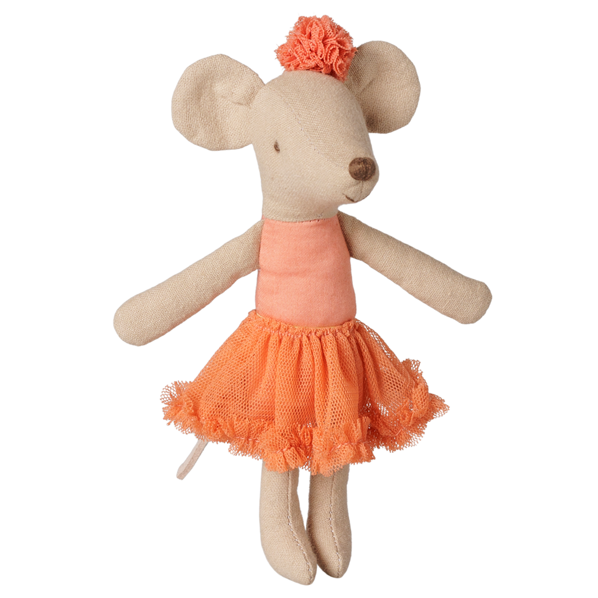 Maileg big sister ballerina mouse doll in a dusty coral tulle tutu and matching hair pom-pom.