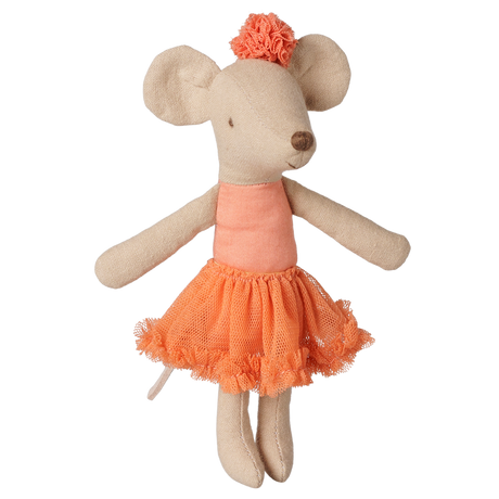Maileg big sister ballerina mouse doll in a dusty coral tulle tutu and matching hair pom-pom.