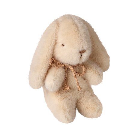 A fluffy cream-colored stuffed bunny with long ears, small black eyes, and a stitched nose, wearing a small rustic bow, sits adorably on a white background.