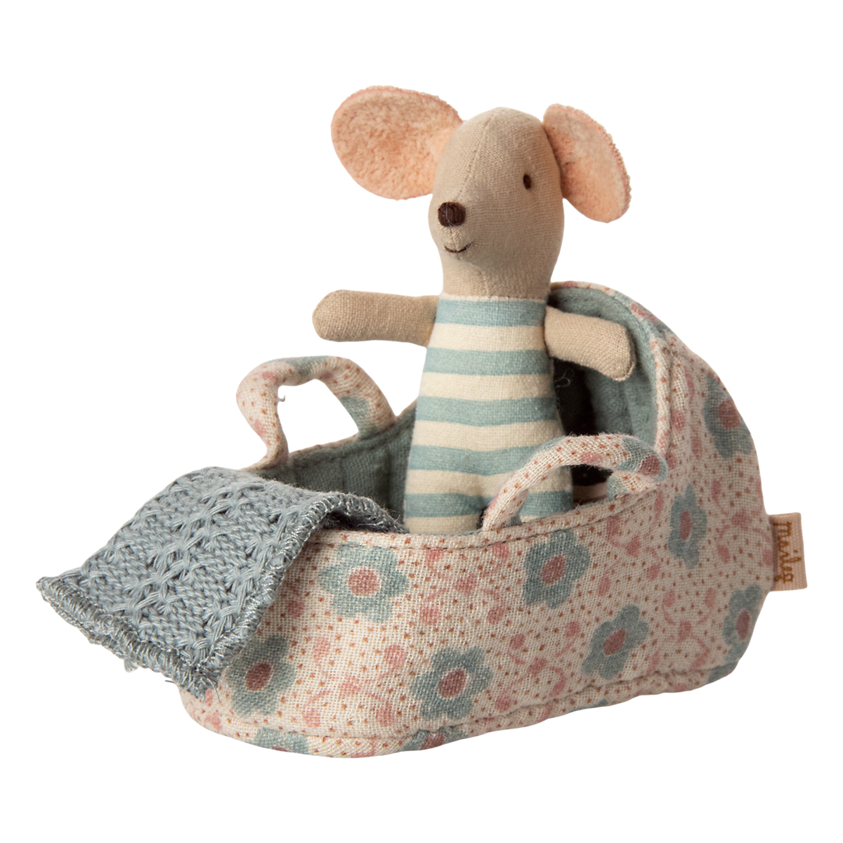 Featuring a tiny mouse in a soft blue-and-white striped onesie, resting in a floral-patterned fabric carry cot with handles and a knitted blue blanket—perfect for nurturing play and Maileg dollhouse setups.