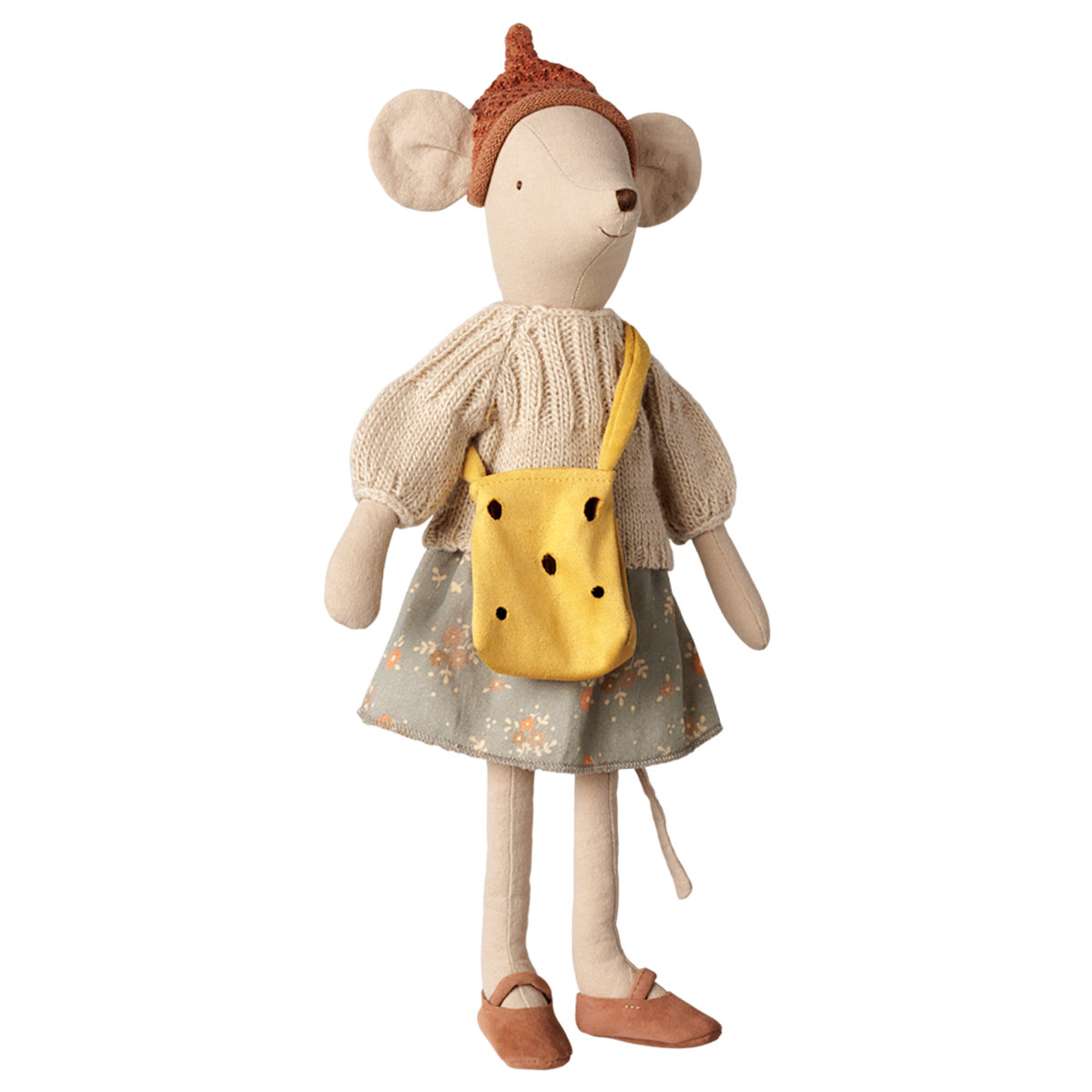 Maileg medium mouse doll wearing a knitted sweater, floral skirt, and a yellow swiss cheese bag purse.