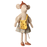 Maileg medium mouse doll wearing a knitted sweater, floral skirt, and a yellow swiss cheese bag purse.