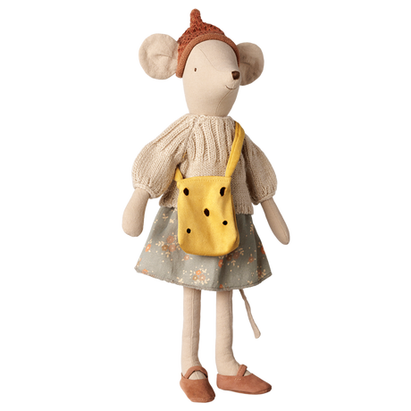 Maileg medium mouse doll wearing a knitted sweater, floral skirt, and a yellow swiss cheese bag purse.