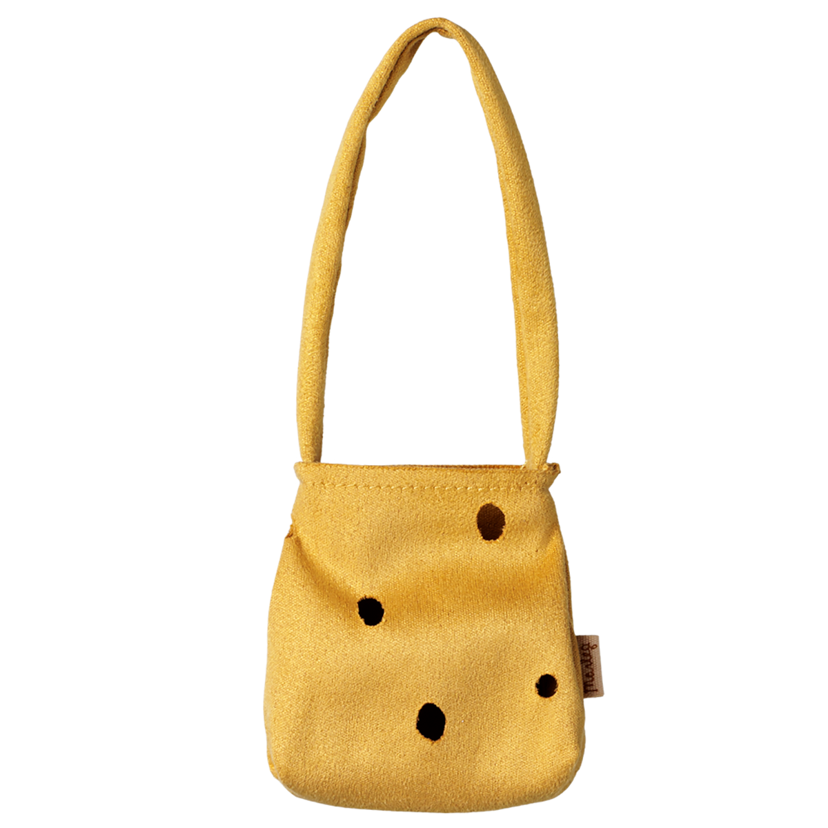 Maileg cheese bag accessory for medium mouse dolls, featuring a yellow Swiss cheese design with holes.