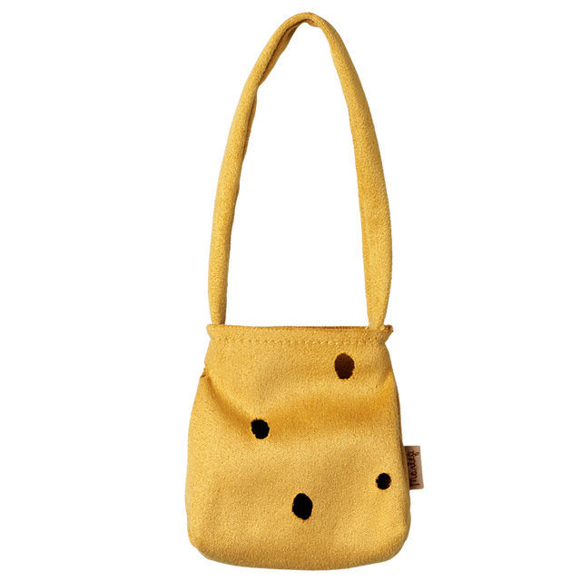 Maileg cheese bag accessory for medium mouse dolls, featuring a yellow Swiss cheese design with holes.