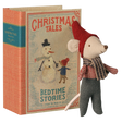 Maileg Christmas mouse toy standing next to a Christmas Tales Bedtime Stories book box.
