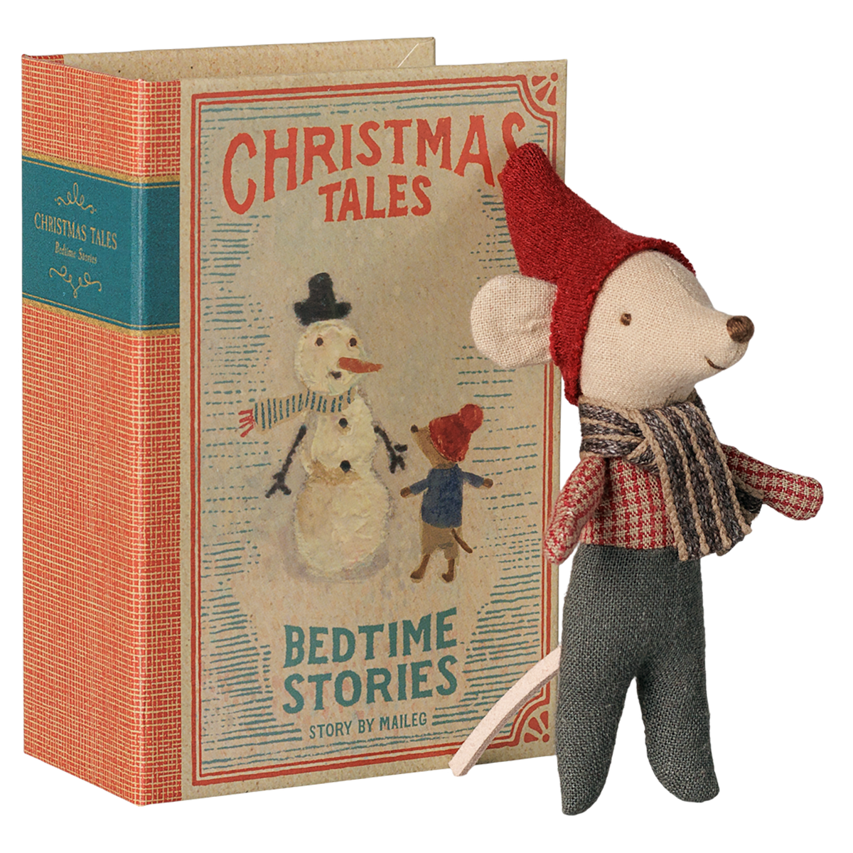 Maileg Christmas mouse toy standing next to a Christmas Tales Bedtime Stories book box.