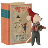 Maileg Christmas mouse toy standing next to a Christmas Tales Bedtime Stories book box.