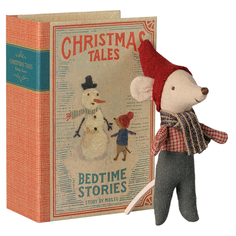 Maileg Christmas mouse toy standing next to a Christmas Tales Bedtime Stories book box.
