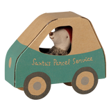 Maileg Christmas mouse inside Santa's Parcel Service cardboard toy car.