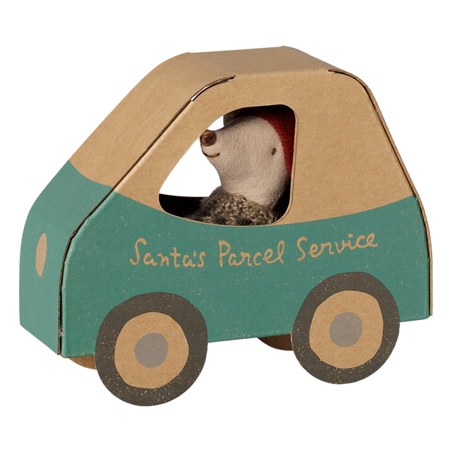 Maileg Christmas mouse inside Santa's Parcel Service cardboard toy car.