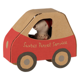 Maileg Christmas mouse little sister inside a red cardboard car box labeled Santa's Parcel Service.
