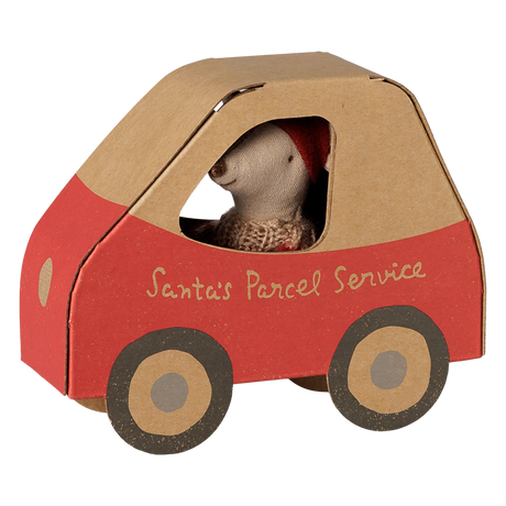 Maileg Christmas mouse little sister inside a red cardboard car box labeled Santa's Parcel Service.