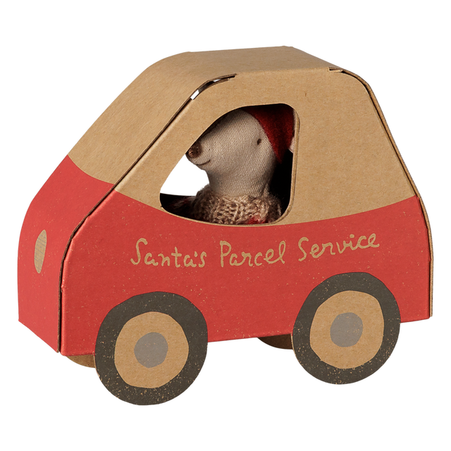 Maileg Christmas mouse little sister inside a red cardboard car box labeled Santa's Parcel Service.