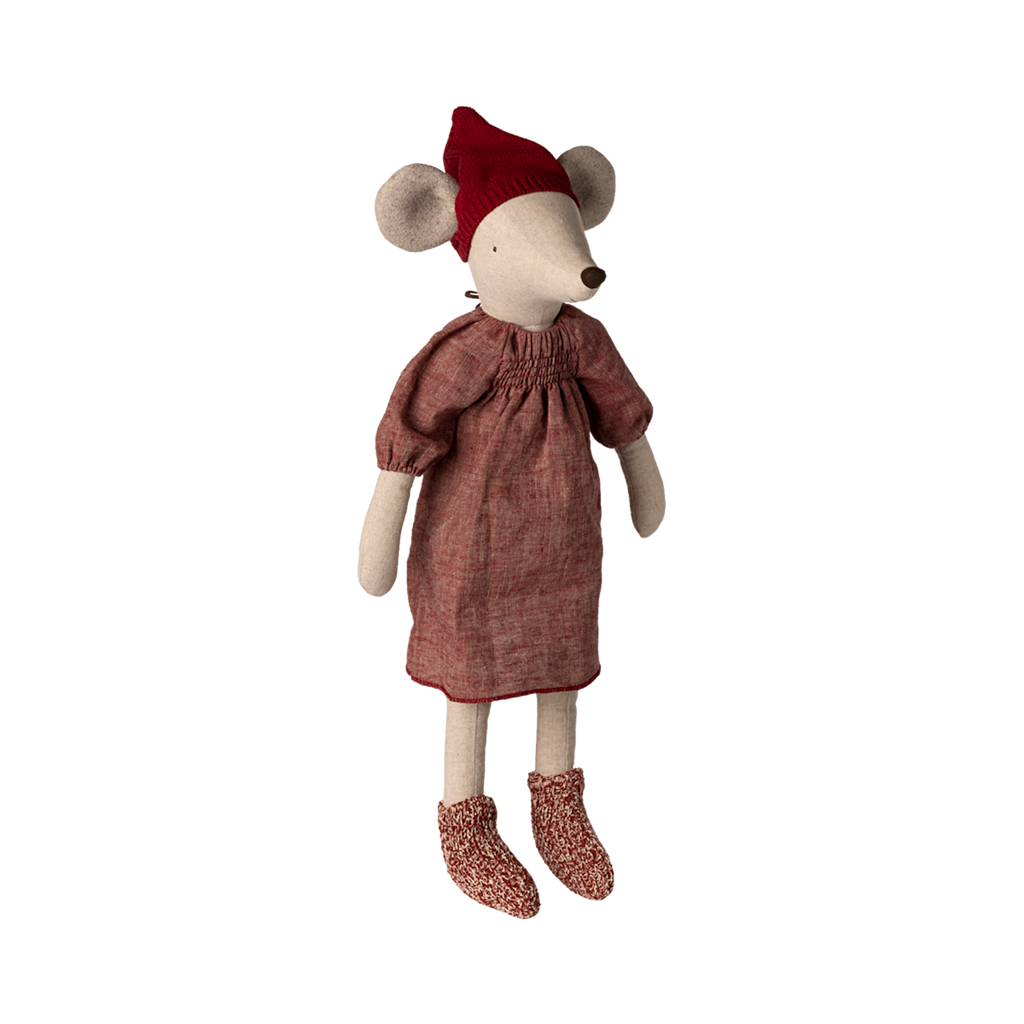 A soft, stuffed mouse doll wearing a red knit hat and a cozy pink dress.