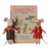 Maileg Christmas twin mice little sister and brother with bedtime stories book.