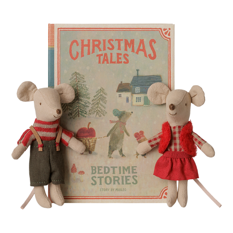 Maileg Christmas twin mice little sister and brother with bedtime stories book.