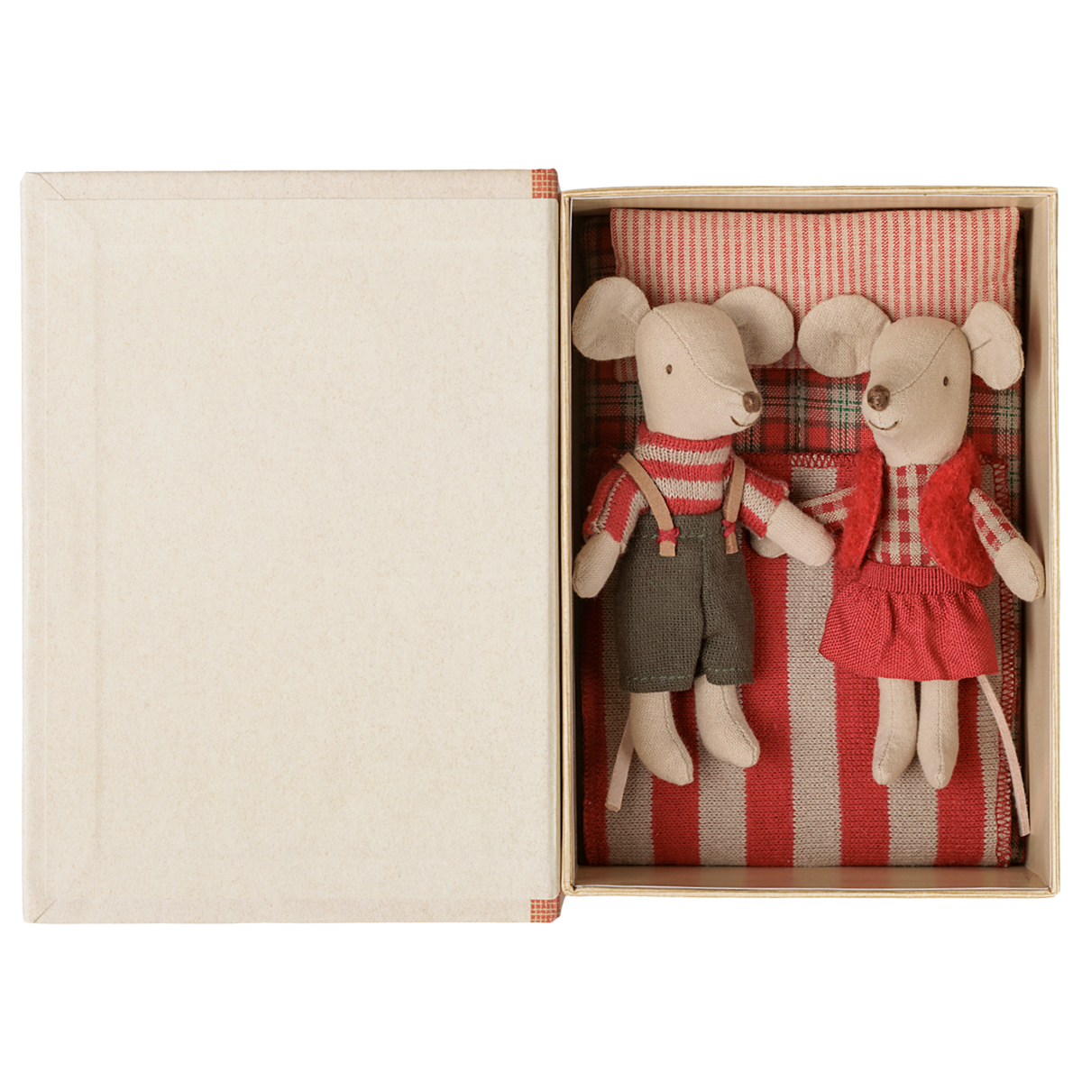 Maileg Christmas twin mice little brother and sister in holiday outfits tucked inside an open book box.