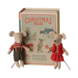 Maileg Christmas twin mice, little brother and sister, standing next to a bedtime stories book box.