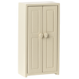 A small cream-colored cupboard with two panelled doors, each featuring a round flower-patterned knob, set against a plain white background.