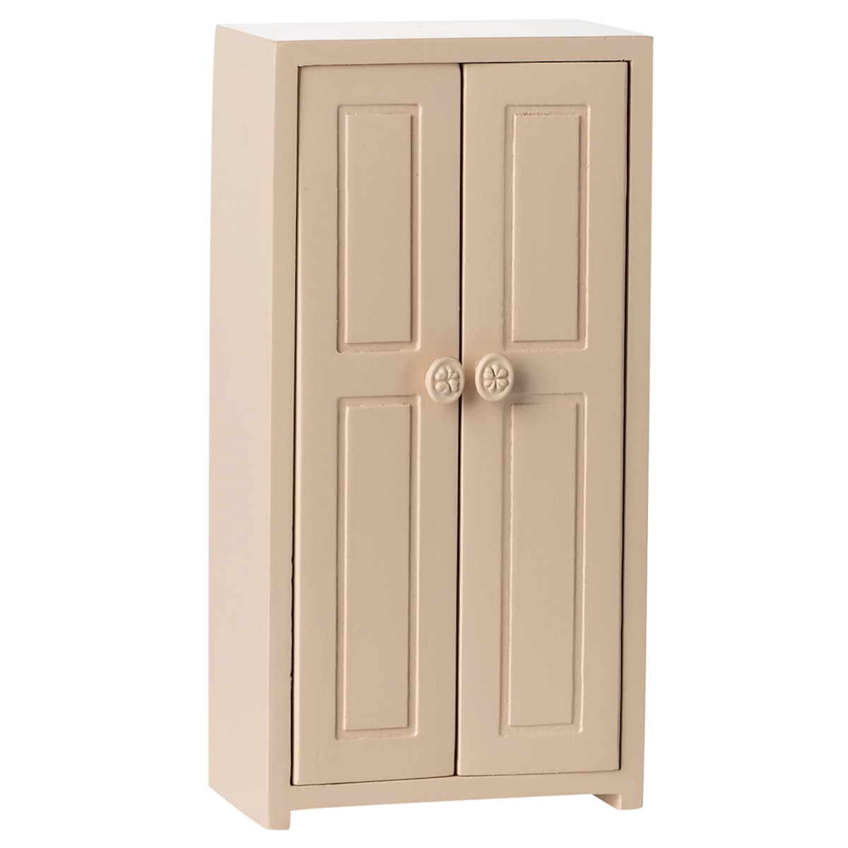 A small, beige, two-door cabinet with simple panel designs and round floral knobs, set against a white background, conveying a minimalist style.