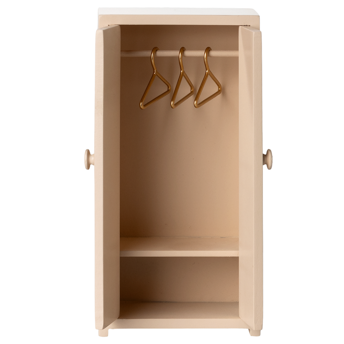 A beige, wooden wardrobe with open doors showing three golden hangers on a rail inside. The design is simple and minimal against a white background.