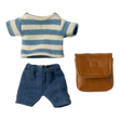 Miniature doll outfit with a blue and white striped shirt, blue shorts, and a small brown leather bag, all on a white background.