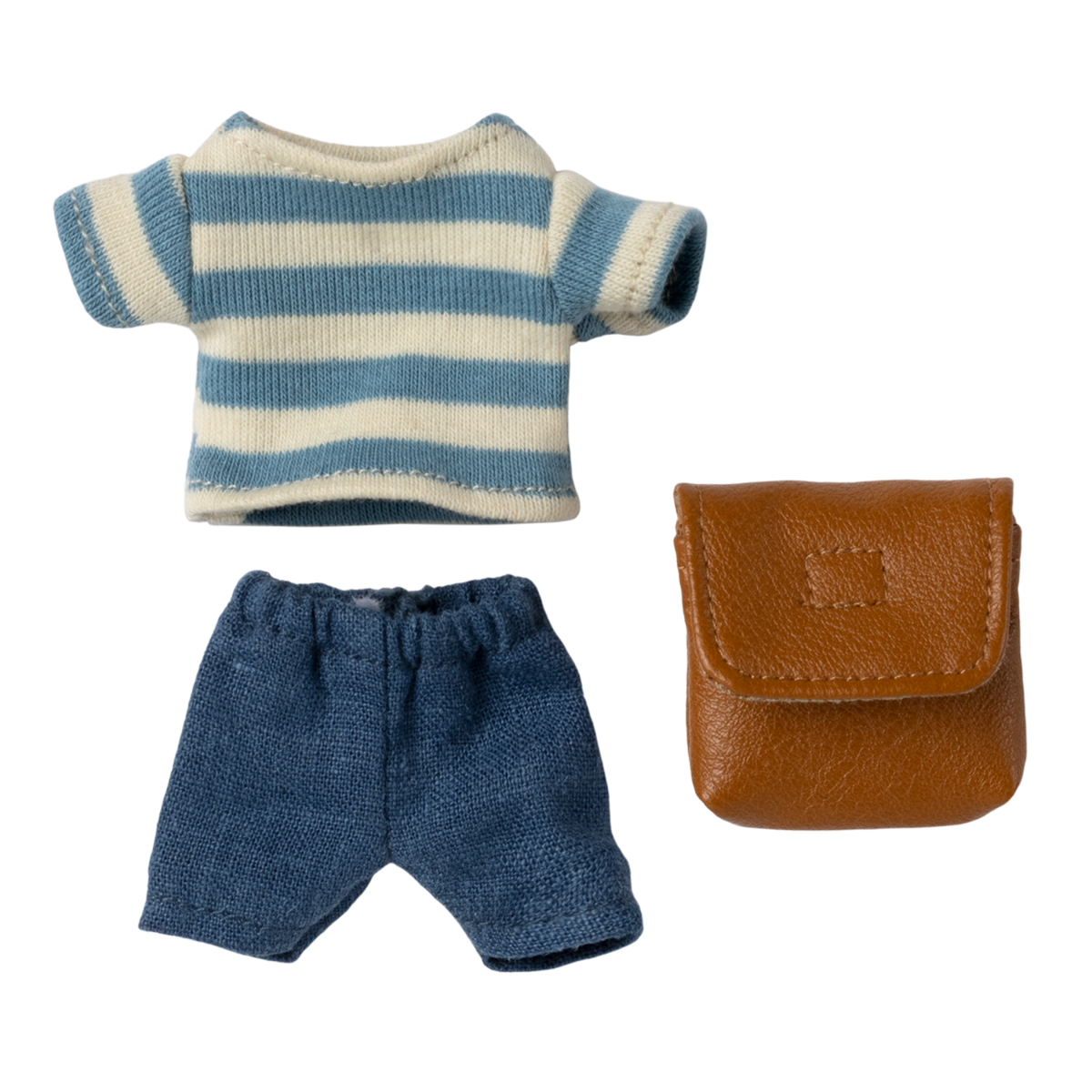 Miniature doll outfit with a blue and white striped shirt, blue shorts, and a small brown leather bag, all on a white background.