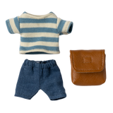 Miniature doll outfit with a blue and white striped shirt, blue shorts, and a small brown leather bag, all on a white background.