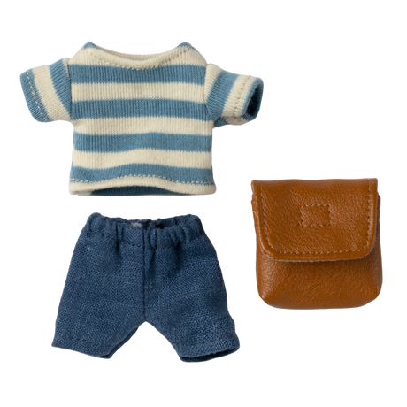 Miniature doll outfit with a blue and white striped shirt, blue shorts, and a small brown leather bag, all on a white background.
