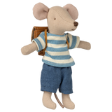 Toy mouse plush in striped shirt and blue shorts, wearing a brown backpack, on a white background. It conveys a playful and adventurous tone.
