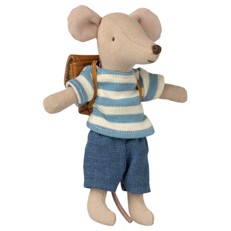 Toy mouse plush in striped shirt and blue shorts, wearing a brown backpack, on a white background. It conveys a playful and adventurous tone.