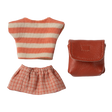 Toy outfit against a white background: striped orange and white top, checkered orange skirt, and a small brown leather-like bag.