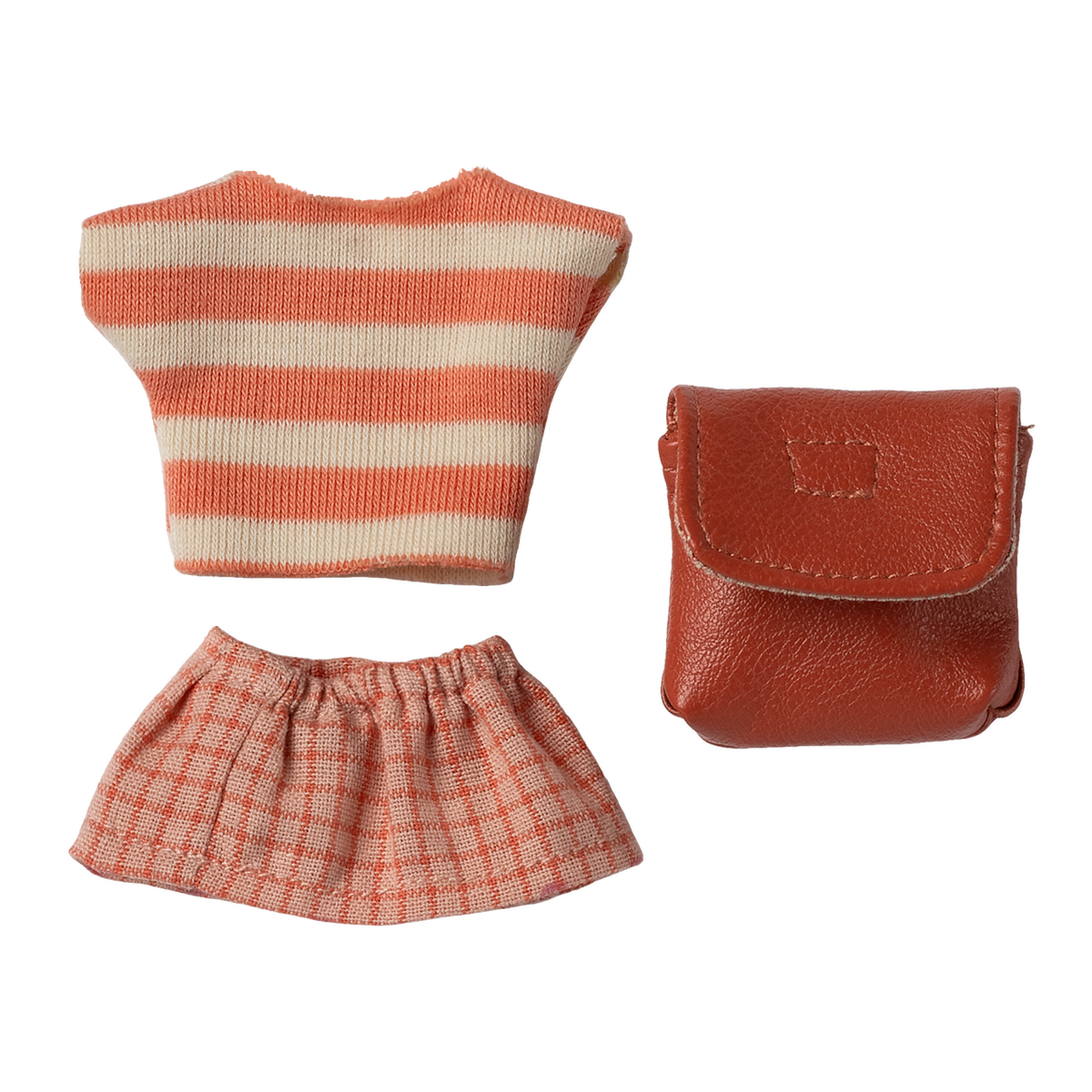 Toy outfit against a white background: striped orange and white top, checkered orange skirt, and a small brown leather-like bag.