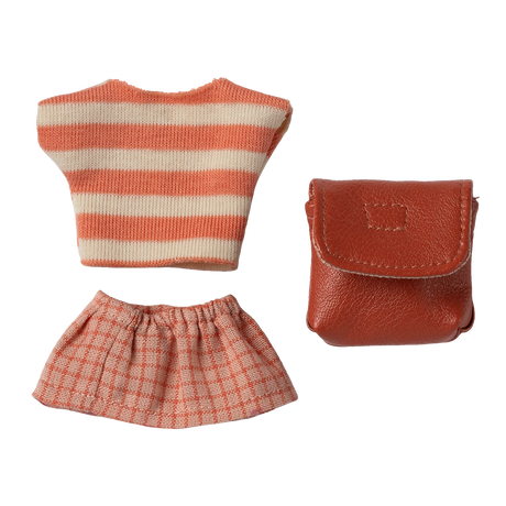 Toy outfit against a white background: striped orange and white top, checkered orange skirt, and a small brown leather-like bag.