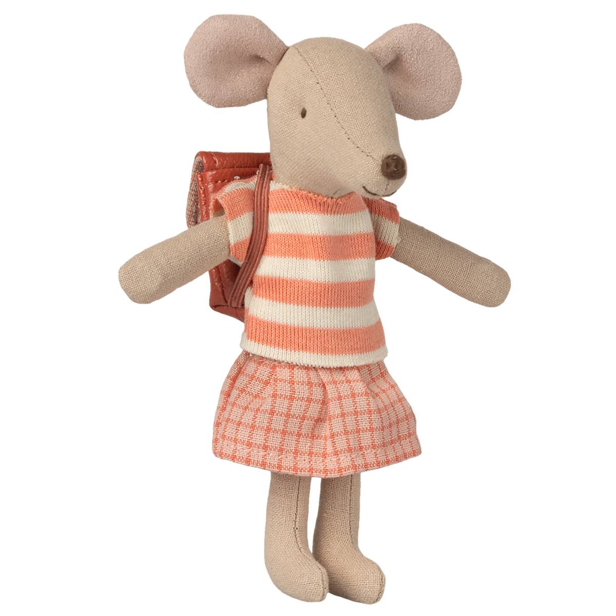 Stuffed toy mouse in a striped orange and white top, orange plaid skirt, and backpack. The toy's ears are oversized, giving it a playful look.