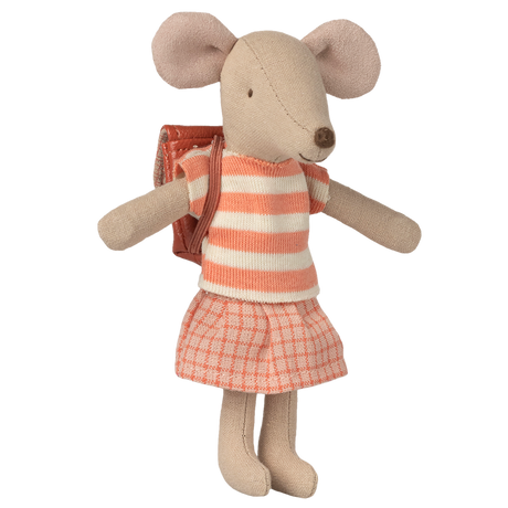Stuffed toy mouse in a striped orange and white top, orange plaid skirt, and backpack. The toy's ears are oversized, giving it a playful look.