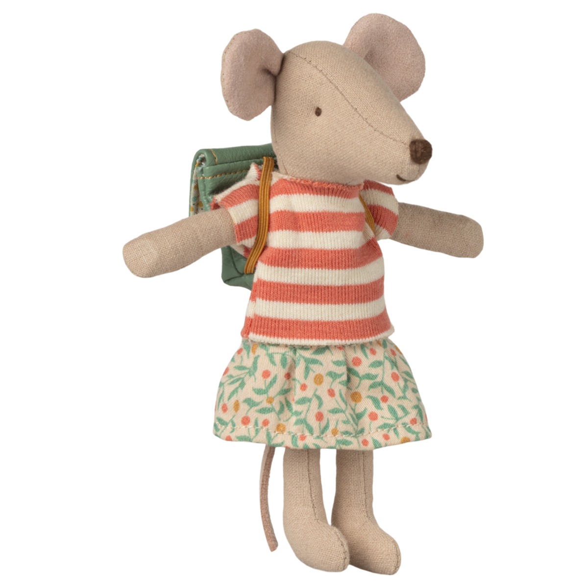 A plush mouse toy wearing a red and white striped top, floral skirt, and a green backpack stands against a white background, exuding a cheerful and whimsical vibe.