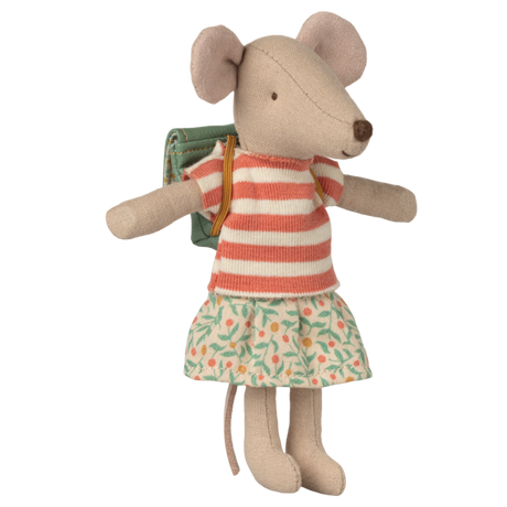 A plush mouse toy wearing a red and white striped top, floral skirt, and a green backpack stands against a white background, exuding a cheerful and whimsical vibe.