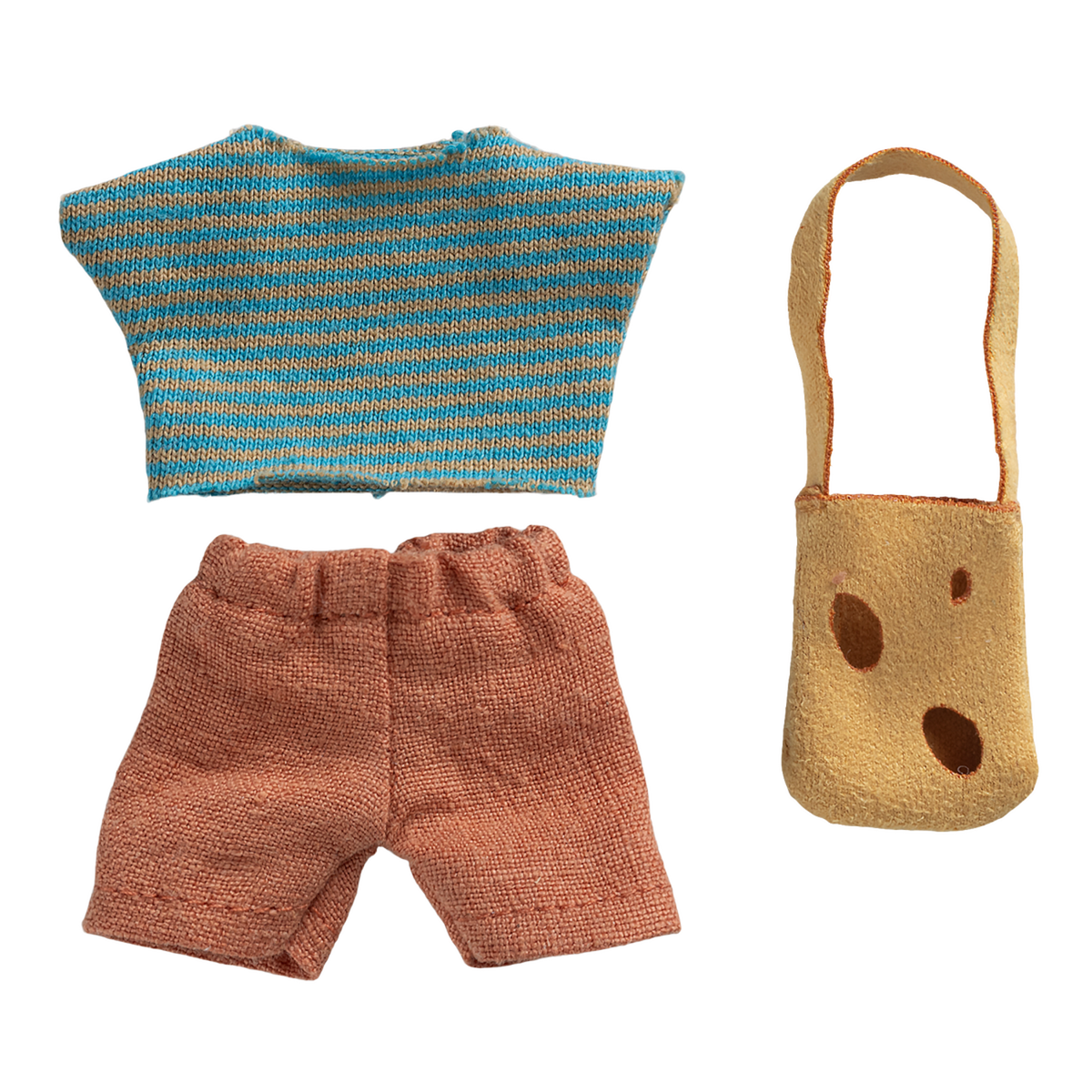 Knitted doll clothes on black background: blue and orange striped top, orange shorts, and yellow bag with brown spots. Casual and playful design.