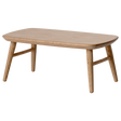 Miniature light wooden coffee table with a smooth, rounded top and tapered legs, adding a minimalist touch to any space.