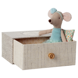 A sweet ballerina mouse in a polka dot outfit, resting on a cozy, vintage-style metal daybed with soft bedding—perfect for imaginative play and dollhouse scenes.