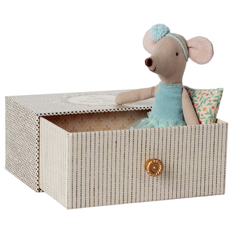 A sweet ballerina mouse in a polka dot outfit, resting on a cozy, vintage-style metal daybed with soft bedding—perfect for imaginative play and dollhouse scenes.