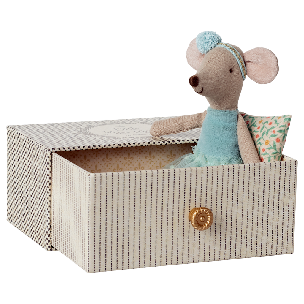 A sweet ballerina mouse in a polka dot outfit, resting on a cozy, vintage-style metal daybed with soft bedding—perfect for imaginative play and dollhouse scenes.