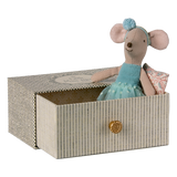 A sweet ballerina mouse in a polka dot outfit, resting on a cozy, vintage-style metal daybed with soft bedding—perfect for imaginative play and dollhouse scenes.
