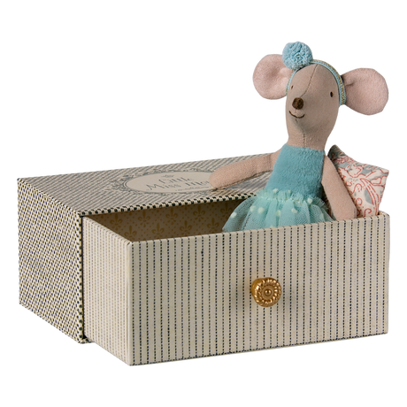 A sweet ballerina mouse in a polka dot outfit, resting on a cozy, vintage-style metal daybed with soft bedding—perfect for imaginative play and dollhouse scenes.